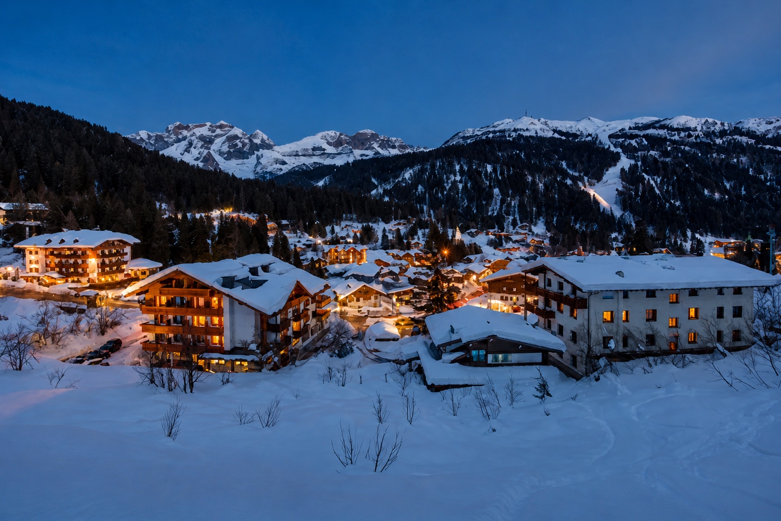 Snowy Alpine village at blue hour